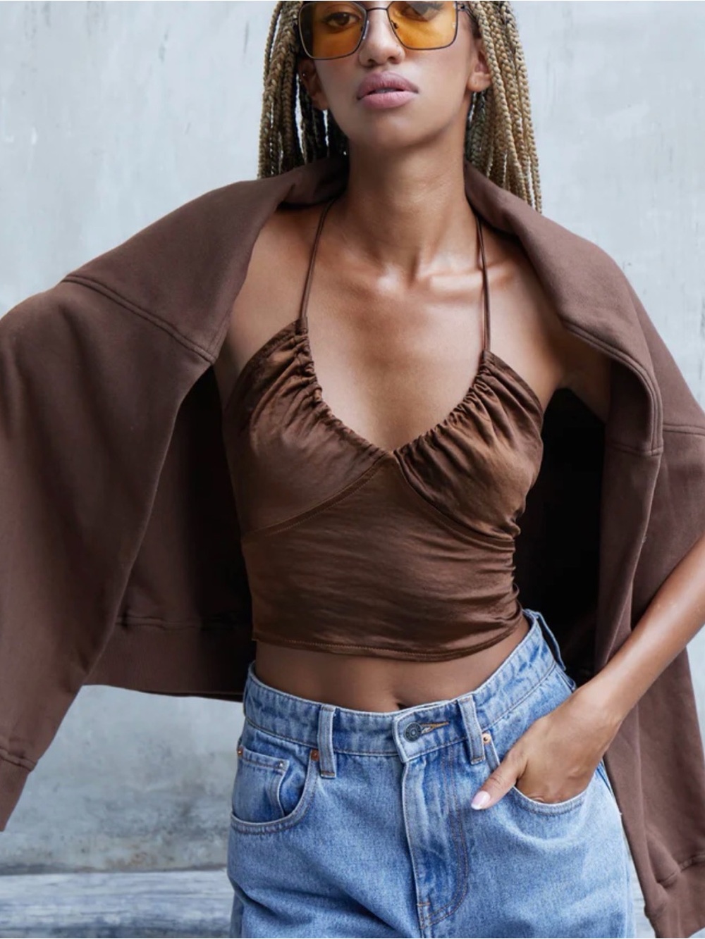 Motel Rocks Haltri Crop Top In Satin Chocolate Small